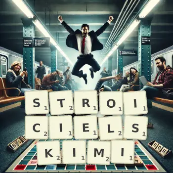 Kreatywna ilustracja do gry w Scrabble ze słowem STROICIELSKIMI ułożonym z płytek na planszy.