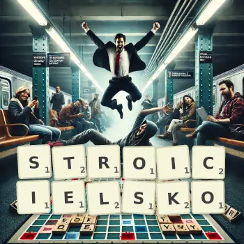 Kreatywna ilustracja do gry w Scrabble ze słowem STROICIELSKO ułożonym z płytek na planszy.