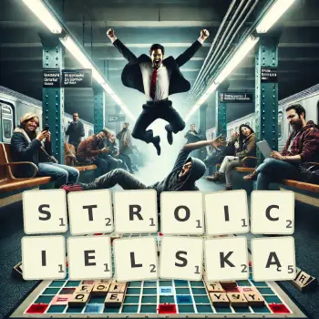 Kreatywna ilustracja do gry w Scrabble ze słowem STROICIELSKĄ ułożonym z płytek na planszy.