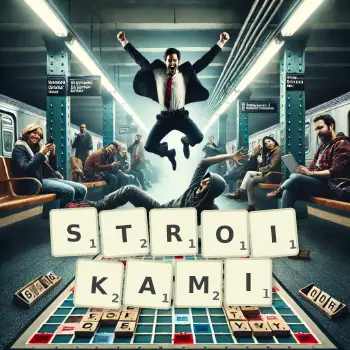 Kreatywna ilustracja do gry w Scrabble ze słowem STROIKAMI ułożonym z płytek na planszy.