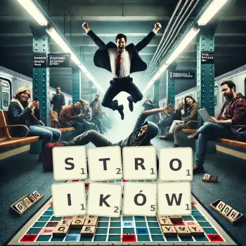 Kreatywna ilustracja do gry w Scrabble ze słowem STROIKÓW ułożonym z płytek na planszy.