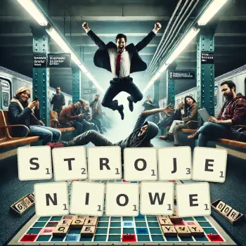 Kreatywna ilustracja do gry w Scrabble ze słowem STROJENIOWE ułożonym z płytek na planszy.