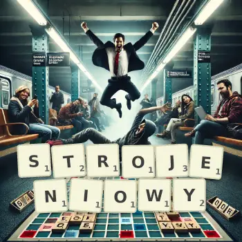 Kreatywna ilustracja do gry w Scrabble ze słowem STROJENIOWY ułożonym z płytek na planszy.