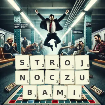 Kreatywna ilustracja do gry w Scrabble ze słowem STROJNOCZUBAMI ułożonym z płytek na planszy.