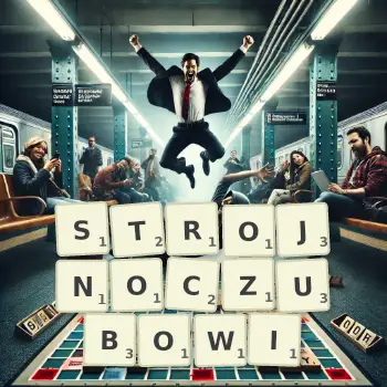 Kreatywna ilustracja do gry w Scrabble ze słowem STROJNOCZUBOWI ułożonym z płytek na planszy.