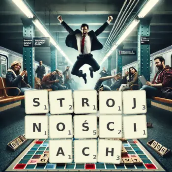 Kreatywna ilustracja do gry w Scrabble ze słowem STROJNOŚCIACH ułożonym z płytek na planszy.