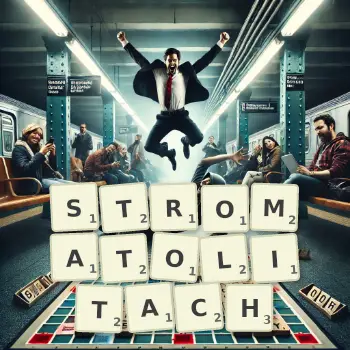 Kreatywna ilustracja do gry w Scrabble ze słowem STROMATOLITACH ułożonym z płytek na planszy.