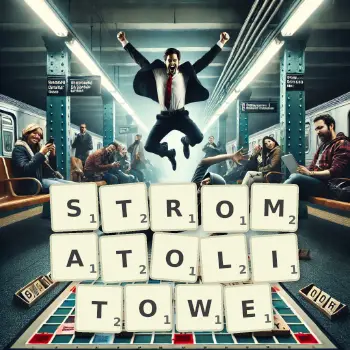 Kreatywna ilustracja do gry w Scrabble ze słowem STROMATOLITOWE ułożonym z płytek na planszy.