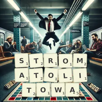 Kreatywna ilustracja do gry w Scrabble ze słowem STROMATOLITOWĄ ułożonym z płytek na planszy.