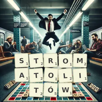 Kreatywna ilustracja do gry w Scrabble ze słowem STROMATOLITÓW ułożonym z płytek na planszy.