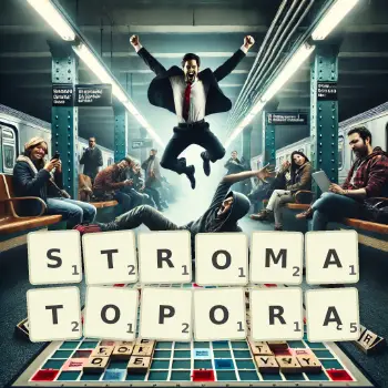 Kreatywna ilustracja do gry w Scrabble ze słowem STROMATOPORĄ ułożonym z płytek na planszy.