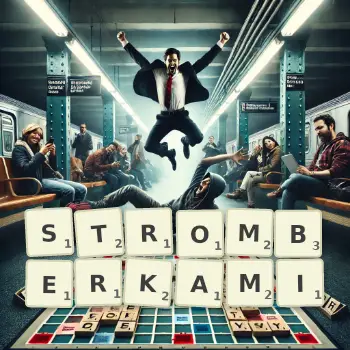 Kreatywna ilustracja do gry w Scrabble ze słowem STROMBERKAMI ułożonym z płytek na planszy.