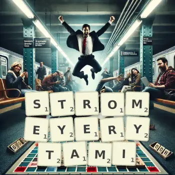 Kreatywna ilustracja do gry w Scrabble ze słowem STROMEYERYTAMI ułożonym z płytek na planszy.