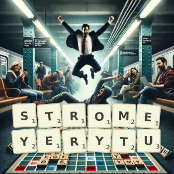 Kreatywna ilustracja do gry w Scrabble ze słowem STROMEYERYTU ułożonym z płytek na planszy.