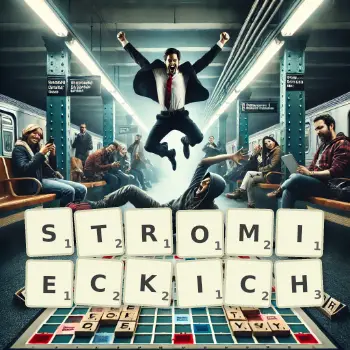 Kreatywna ilustracja do gry w Scrabble ze słowem STROMIECKICH ułożonym z płytek na planszy.