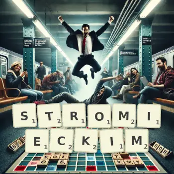 Kreatywna ilustracja do gry w Scrabble ze słowem STROMIECKIM ułożonym z płytek na planszy.