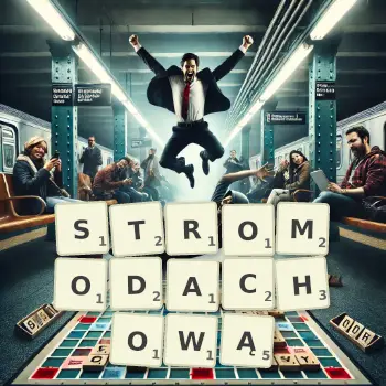 Kreatywna ilustracja do gry w Scrabble ze słowem STROMODACHOWĄ ułożonym z płytek na planszy.