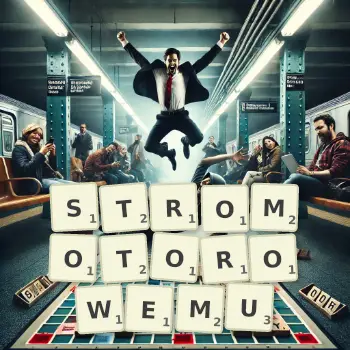 Kreatywna ilustracja do gry w Scrabble ze słowem STROMOTOROWEMU ułożonym z płytek na planszy.