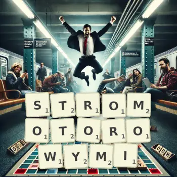 Kreatywna ilustracja do gry w Scrabble ze słowem STROMOTOROWYMI ułożonym z płytek na planszy.