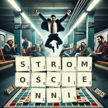 Kreatywna ilustracja do gry w Scrabble ze słowem STROMOŚCIENNI ułożonym z płytek na planszy.