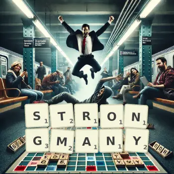 Kreatywna ilustracja do gry w Scrabble ze słowem STRONGMANY ułożonym z płytek na planszy.