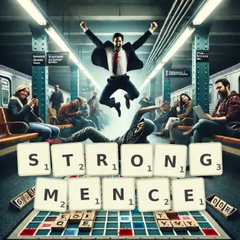 Kreatywna ilustracja do gry w Scrabble ze słowem STRONGMENCE ułożonym z płytek na planszy.