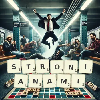 Kreatywna ilustracja do gry w Scrabble ze słowem STRONIANAMI ułożonym z płytek na planszy.