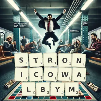 Kreatywna ilustracja do gry w Scrabble ze słowem STRONICOWALBYM ułożonym z płytek na planszy.