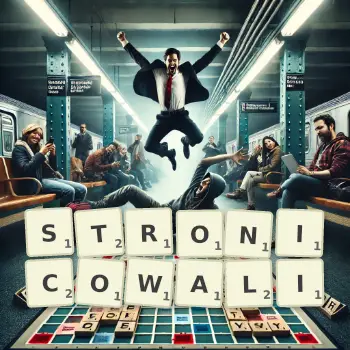 Kreatywna ilustracja do gry w Scrabble ze słowem STRONICOWALI ułożonym z płytek na planszy.