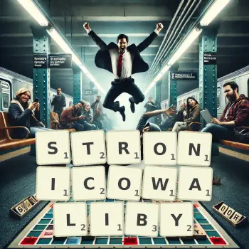 Kreatywna ilustracja do gry w Scrabble ze słowem STRONICOWALIBY ułożonym z płytek na planszy.