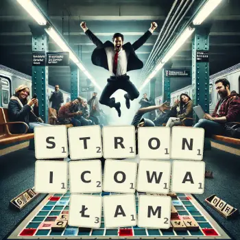 Kreatywna ilustracja do gry w Scrabble ze słowem STRONICOWAŁAM ułożonym z płytek na planszy.