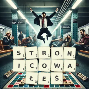 Kreatywna ilustracja do gry w Scrabble ze słowem STRONICOWAŁEŚ ułożonym z płytek na planszy.