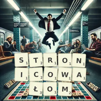 Kreatywna ilustracja do gry w Scrabble ze słowem STRONICOWAŁOM ułożonym z płytek na planszy.