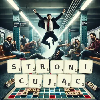 Kreatywna ilustracja do gry w Scrabble ze słowem STRONICUJĄC ułożonym z płytek na planszy.