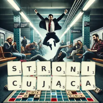 Kreatywna ilustracja do gry w Scrabble ze słowem STRONICUJĄCA ułożonym z płytek na planszy.