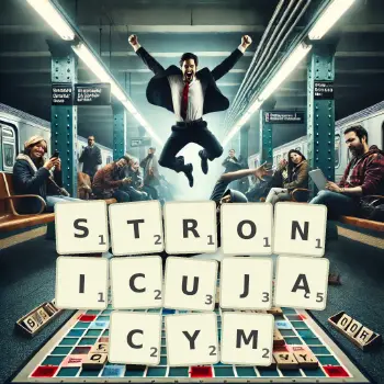 Kreatywna ilustracja do gry w Scrabble ze słowem STRONICUJĄCYM ułożonym z płytek na planszy.