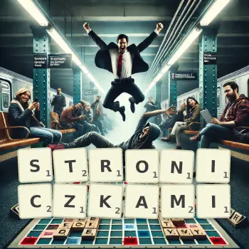 Kreatywna ilustracja do gry w Scrabble ze słowem STRONICZKAMI ułożonym z płytek na planszy.
