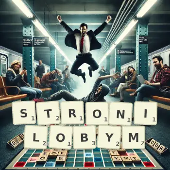 Kreatywna ilustracja do gry w Scrabble ze słowem STRONILOBYM ułożonym z płytek na planszy.