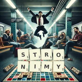 Kreatywna ilustracja do gry w Scrabble ze słowem STRONIMY ułożonym z płytek na planszy.