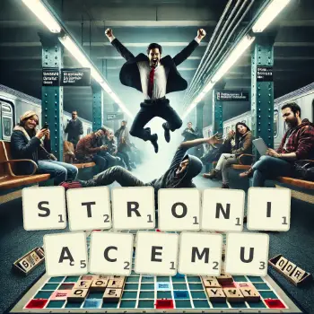 Kreatywna ilustracja do gry w Scrabble ze słowem STRONIĄCEMU ułożonym z płytek na planszy.