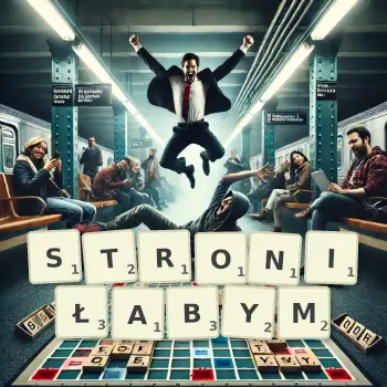 Kreatywna ilustracja do gry w Scrabble ze słowem STRONIŁABYM ułożonym z płytek na planszy.