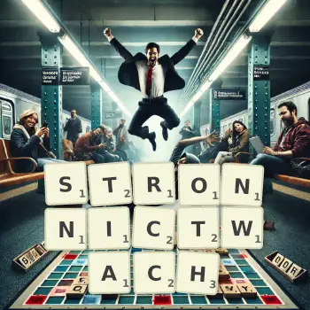 Kreatywna ilustracja do gry w Scrabble ze słowem STRONNICTWACH ułożonym z płytek na planszy.