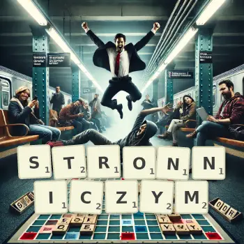 Kreatywna ilustracja do gry w Scrabble ze słowem STRONNICZYM ułożonym z płytek na planszy.