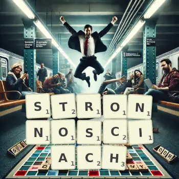 Kreatywna ilustracja do gry w Scrabble ze słowem STRONNOSCIACH ułożonym z płytek na planszy.