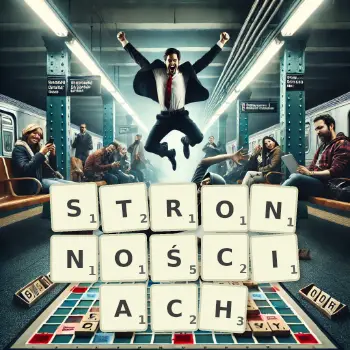 Kreatywna ilustracja do gry w Scrabble ze słowem STRONNOŚCIACH ułożonym z płytek na planszy.
