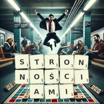 Kreatywna ilustracja do gry w Scrabble ze słowem STRONNOŚCIAMI ułożonym z płytek na planszy.
