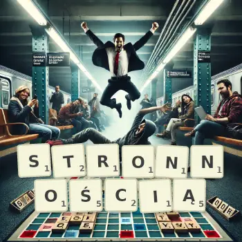 Kreatywna ilustracja do gry w Scrabble ze słowem STRONNOŚCIĄ ułożonym z płytek na planszy.