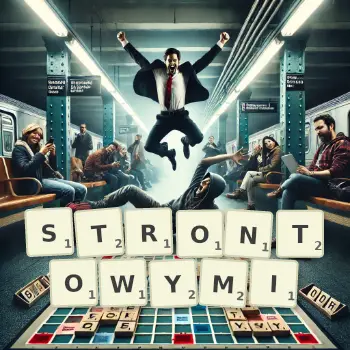 Kreatywna ilustracja do gry w Scrabble ze słowem STRONTOWYMI ułożonym z płytek na planszy.