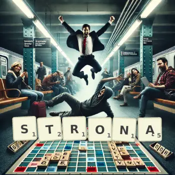 Kreatywna ilustracja do gry w Scrabble ze słowem STRONĄ ułożonym z płytek na planszy.