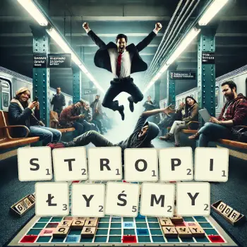 Kreatywna ilustracja do gry w Scrabble ze słowem STROPIŁYŚMY ułożonym z płytek na planszy.